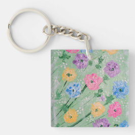 Speelse Pastels Bloemen Acryl Vierkante Sleutelhan Sleutelhanger
