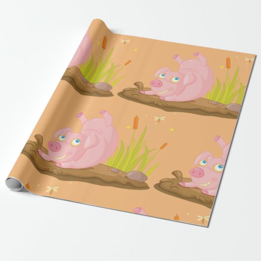 Speelse Pig in Mud Funny Boerderij Animal Cadeaupapier (Uitgerold)