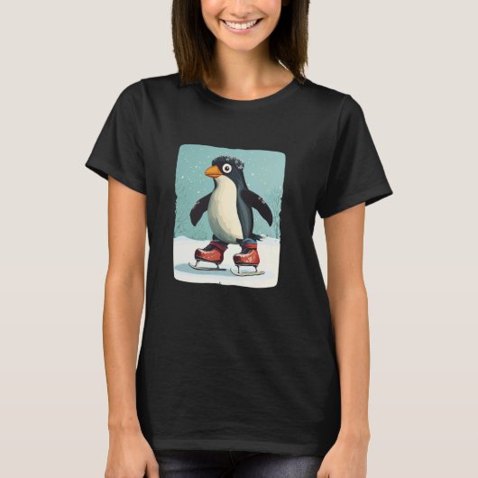 Speelse Pinguïn in Schaatsen Graphic voor de winte T-shirt (Voorkant)