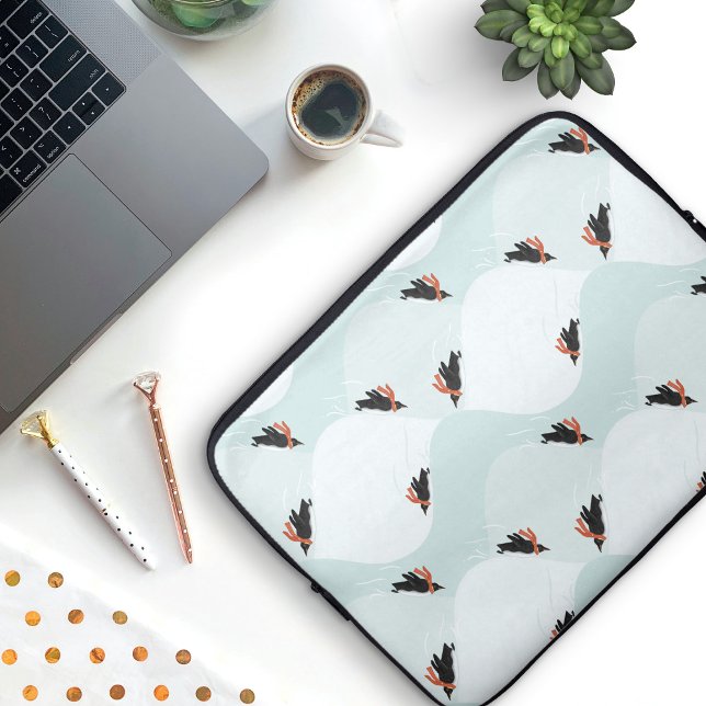 Speelse Pinguïns Glijden op Sneeuwpatroon Laptop Sleeve (Playful Penguin Pattern Laptop Sleeve)