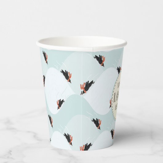 Speelse Pinguïns Glijden op Sneeuwpatroon Papieren Bekers (Rechts)