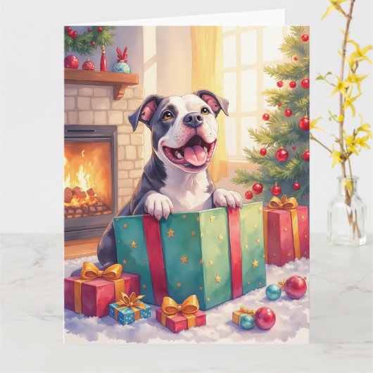 Speelse Pitbull die Kerstcadeaus Openmaakt Vakanti Kaart (Gele Bloem)