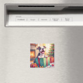 Speelse Pitbull die Kerstcadeaus Openmaakt Vakanti Magneet (Insitu (Vaatwasser))