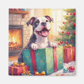 Speelse Pitbull die Kerstcadeaus Openmaakt Vakanti Magneet (Voorkant)