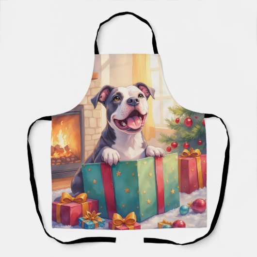 Speelse Pitbull die Kerstcadeaus Openmaakt Vakanti Schort (Voorkant)