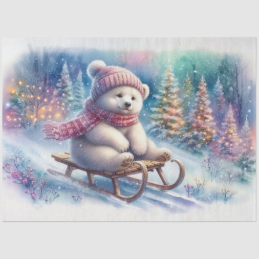 Speelse Polar Beer Woodland Sledding Decoupage Tissuepapier (Voorkant)