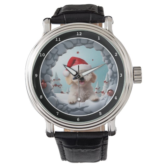 Speelse Poodle Hond Winter Vakantie Afbeelding Horloge (Voorkant)