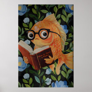 Speelse Poster met Vis die Leest - Grappig Oceaan-