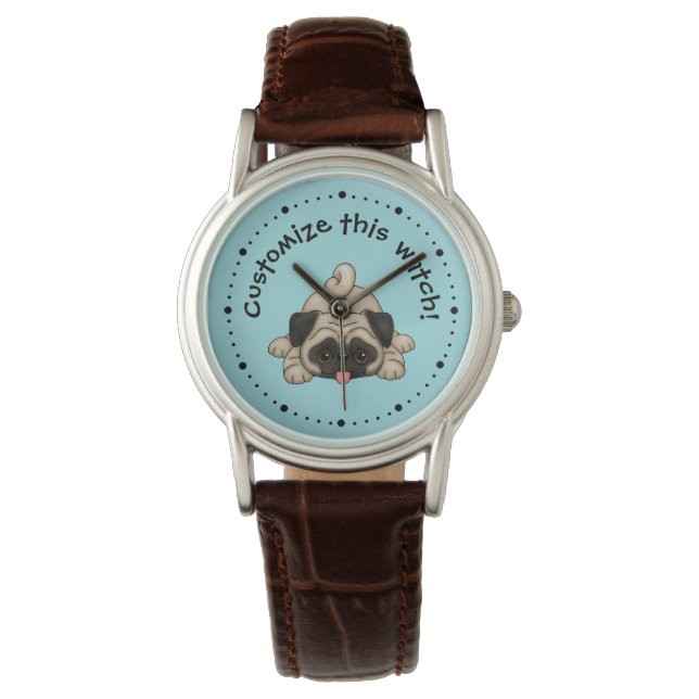 Speelse pug puppy gepersonaliseerd horloge (Voorkant)