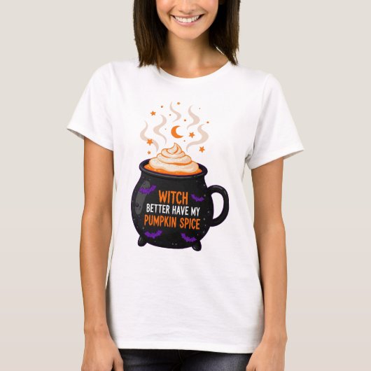 Speelse Pumpkin Spice Witch Cartoon voor Herfst T-shirt (Voorkant)
