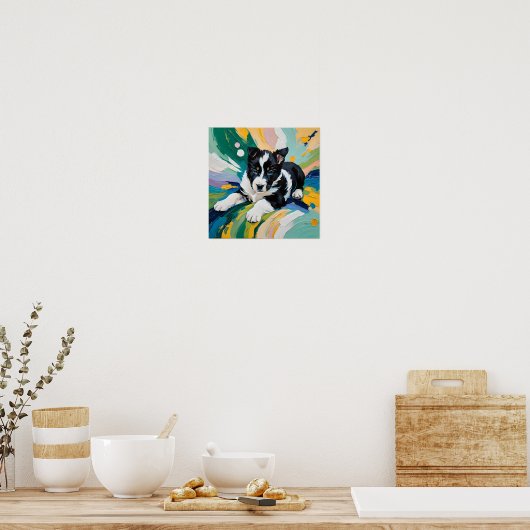 Speelse Pup in Kleuruitbarsting – Abstract Poster (Keuken)
