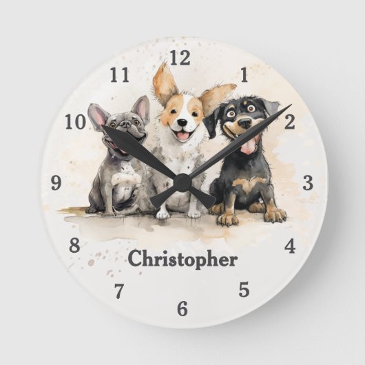 Speelse Puppy Dogs Waterverf gepersonaliseerd Ronde Klok (Voorkant)