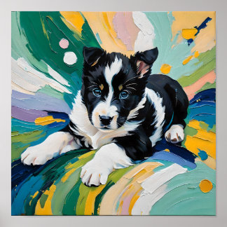 Speelse Puppy in Kleurenexplosie – Abstract Poster