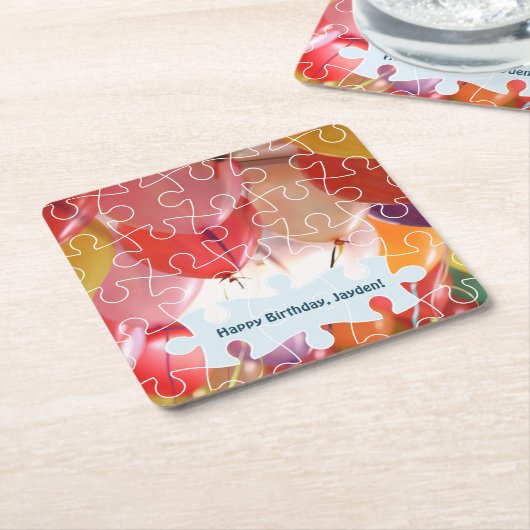 Speelse Puzzel Ballon 4e Verjaardagsfeestje Vierka Kartonnen Onderzetters (Schuin)