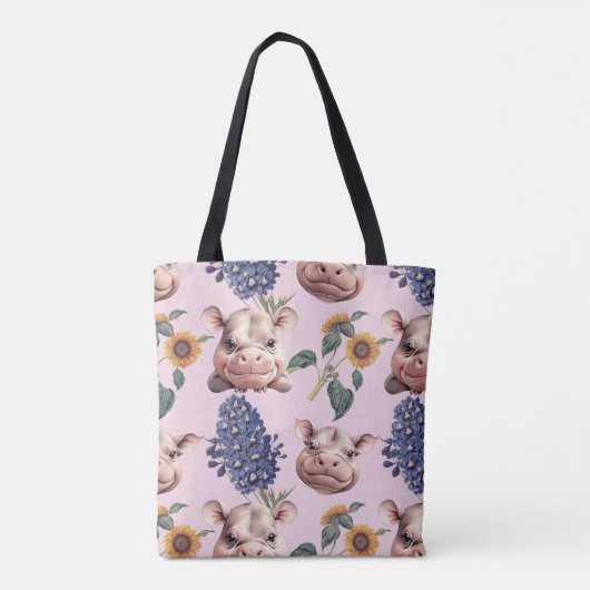 Speelse Pygmee Hippo & Bloemen Canvas tas (Achterkant)
