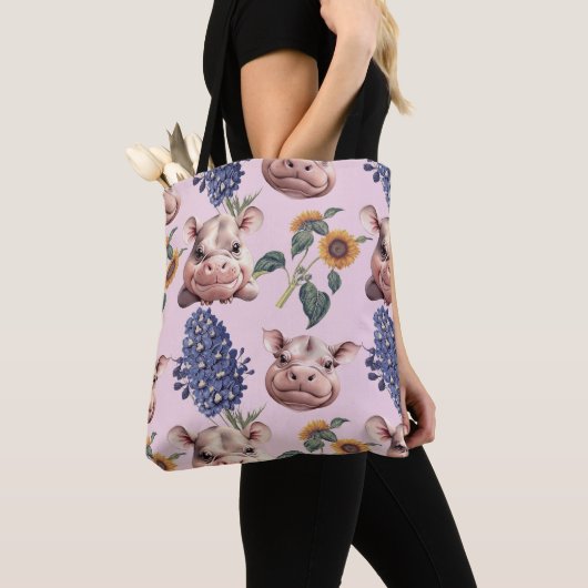 Speelse Pygmee Hippo & Bloemen Canvas tas (Dichtbij)