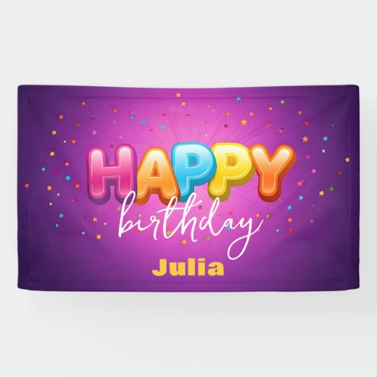 Speelse Rainbow Bubble Letters op Paarse Verjaarda Spandoek (Horizontaal)
