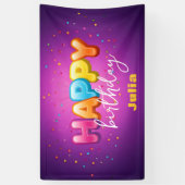 Speelse Rainbow Bubble Letters op Paarse Verjaarda Spandoek (Verticaal)