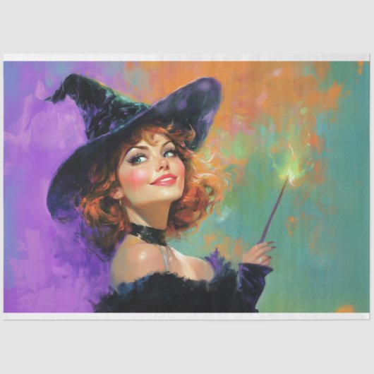 Speelse Redhead Witch Halloween Decoupage Tissuepapier (Voorkant)
