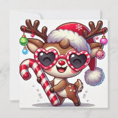 Speelse rendier met feestelijke bril en ornament feestdagenkaart (Voorkant)