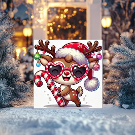 Speelse rendier met feestelijke bril en ornament feestdagenkaart