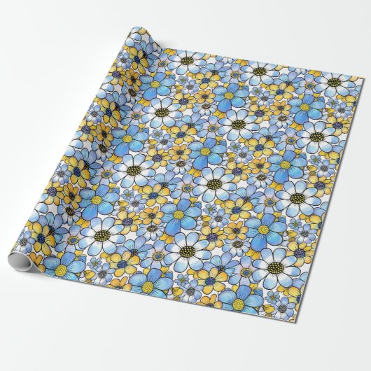 Speelse Retro Bloemen Patroon, Zacht Blauw en Geel Cadeaupapier (Uitgerold)