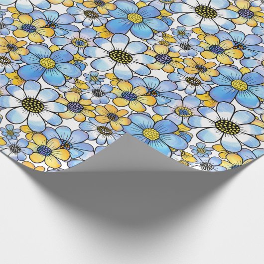 Speelse Retro Bloemen Patroon, Zacht Blauw en Geel Cadeaupapier (Hoek)