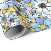 Speelse Retro Bloemen Patroon, Zacht Blauw en Geel Cadeaupapier (Rol Hoek)