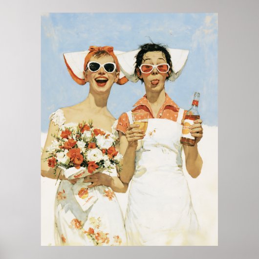 Speelse Retro Bruidsmeisjes Feest Illustratie Poster (Voorkant)
