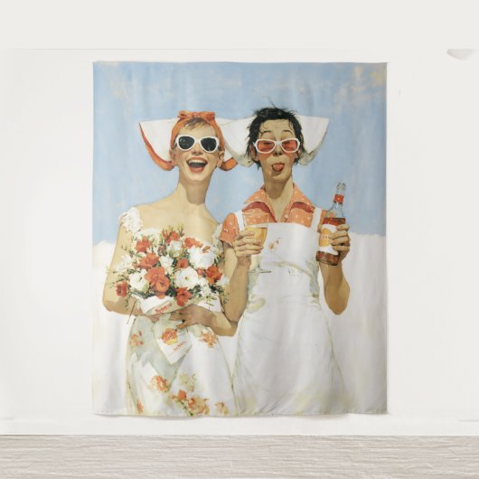 Speelse Retro Bruidsmeisjes Feest Illustratie Wandkleed (Voorkant)
