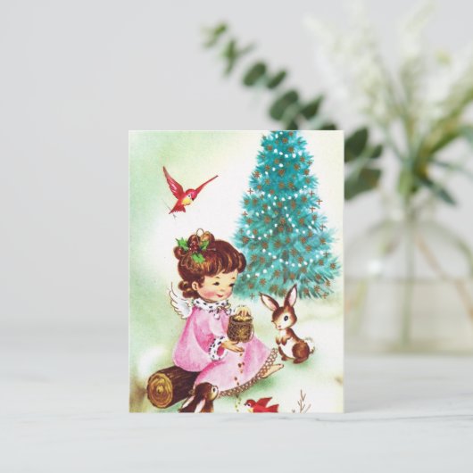 Speelse  retro Christmas Angel briefkaart (Staand voorkant)