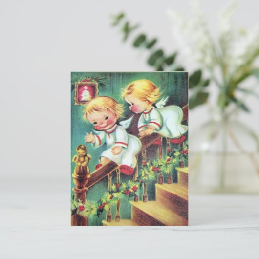 Speelse  retro Christmas Angels briefkaart (Staand voorkant)