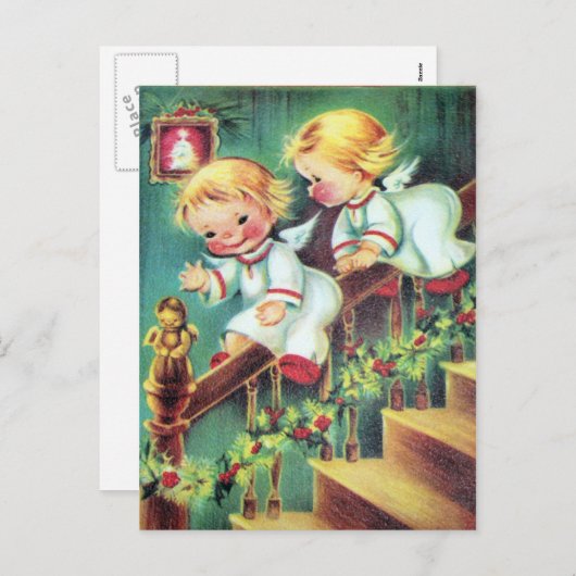 Speelse  retro Christmas Angels briefkaart (Voorkant / Achterkant)