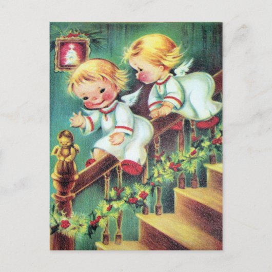 Speelse  retro Christmas Angels briefkaart (Voorkant)