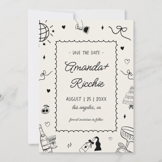 Speelse Retro Handgetekende Whimsische Doodle Brui Save The Date (Voorkant)