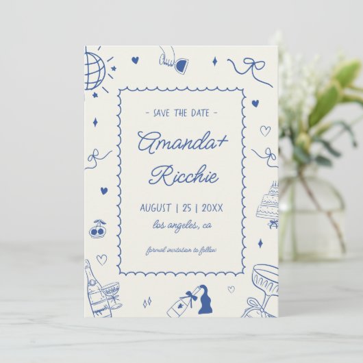 Speelse Retro Handgetekende Whimsische Doodle Huwe Save The Date (Staand voorkant)
