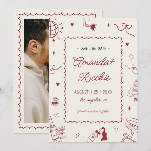 Speelse Retro Handgetekende Whimsische Doodle Huwe Save The Date (Voorkant / Achterkant)