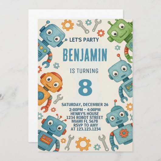 Speelse Robot Verjaardag Uitnodiging voor Kinderen (Voorkant / Achterkant)