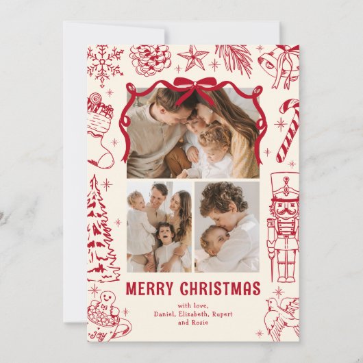 Speelse Rode Doodle 3 Foto Kerstmis Feestdagenkaart (Voorkant)
