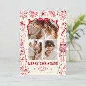 Speelse Rode Doodle 3 Foto Kerstmis Feestdagenkaart (Staand voorkant)