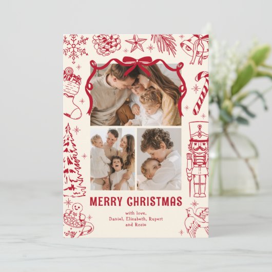 Speelse Rode Doodle 3 Foto Kerstmis Feestdagenkaart (Staand voorkant)