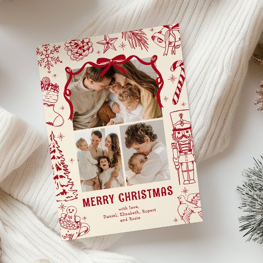 Speelse Rode Doodle 3 Foto Kerstmis Feestdagenkaart
