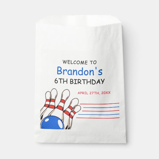 Speelse rode en blauwe bowling thema 6e verjaardag bedankzakje (Voorkant)