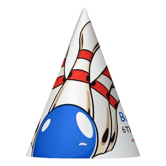 Speelse rode en blauwe bowling thema 6e verjaardag feesthoedjes (Links)