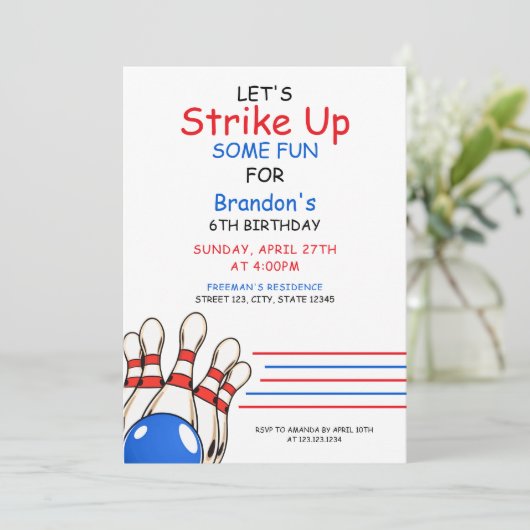 Speelse rode en blauwe bowling thema 6e verjaardag kaart (Staand voorkant)