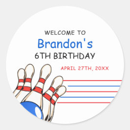 Speelse rode en blauwe bowling thema 6e verjaardag ronde sticker