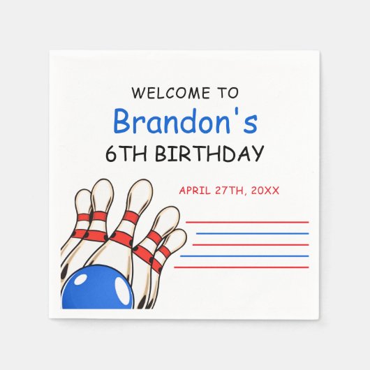 Speelse rode en blauwe bowling thema 6e verjaardag servet (Voorkant)