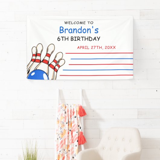 Speelse rode en blauwe bowling thema 6e verjaardag spandoek (Insitu)