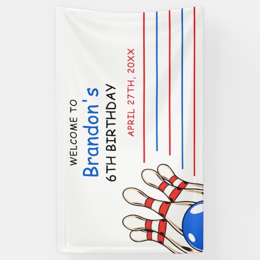 Speelse rode en blauwe bowling thema 6e verjaardag spandoek (Verticaal)