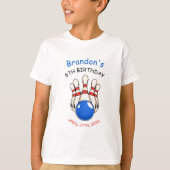 Speelse rode en blauwe bowling thema 6e verjaardag t-shirt (Voorkant)